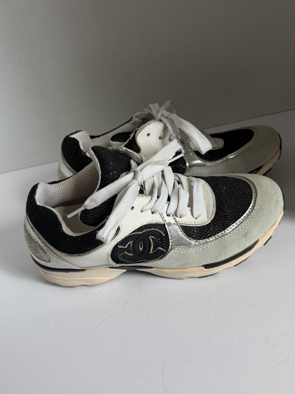 CHANEL Black, Silver & White CC Logo Running Sneakers